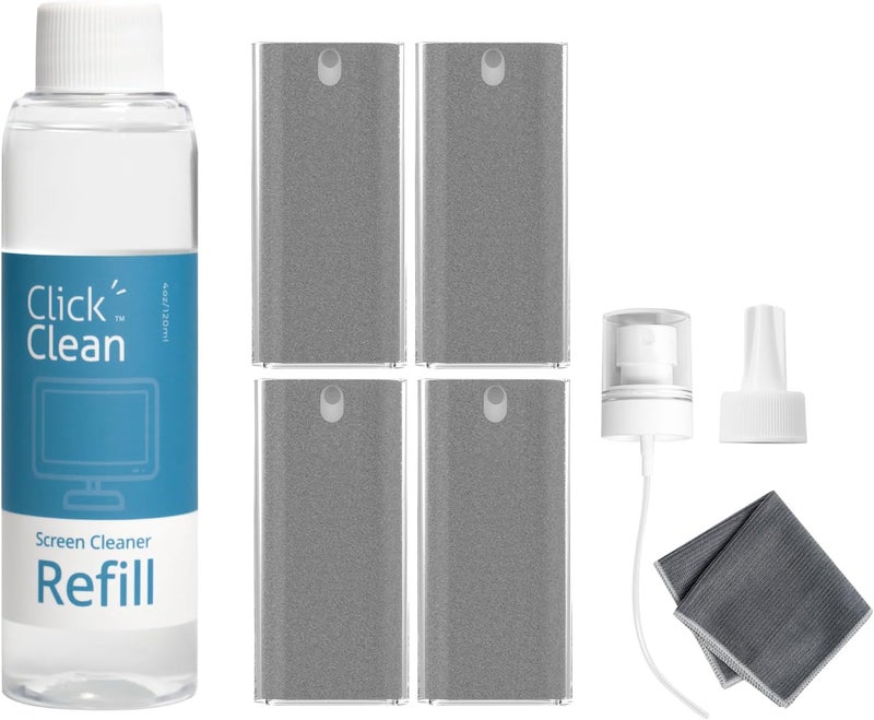 CLICK CLEAN Screen Cleaner Kits - 4 All-in-One Mist Cleaner with 4 oz Refill, 1 Microfiber Cloth(7.8 x 7.8in), 1 Mini Funnel, and 1 Sprayer - for All Phones, Laptop and Tablet Screens - Image 1